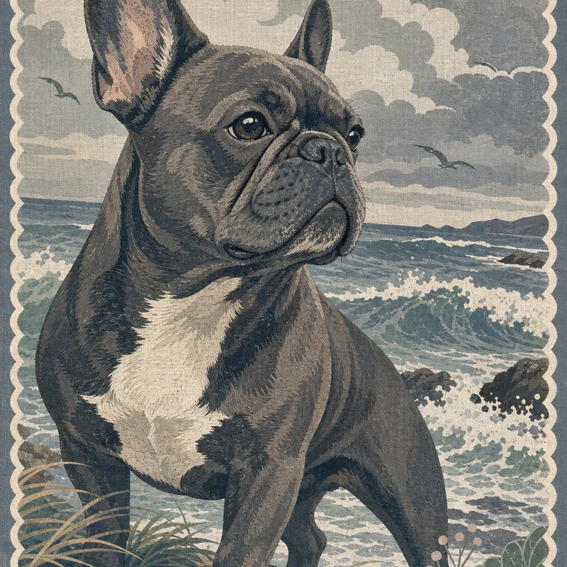 French Bulldog portrait — woodblock flat print
