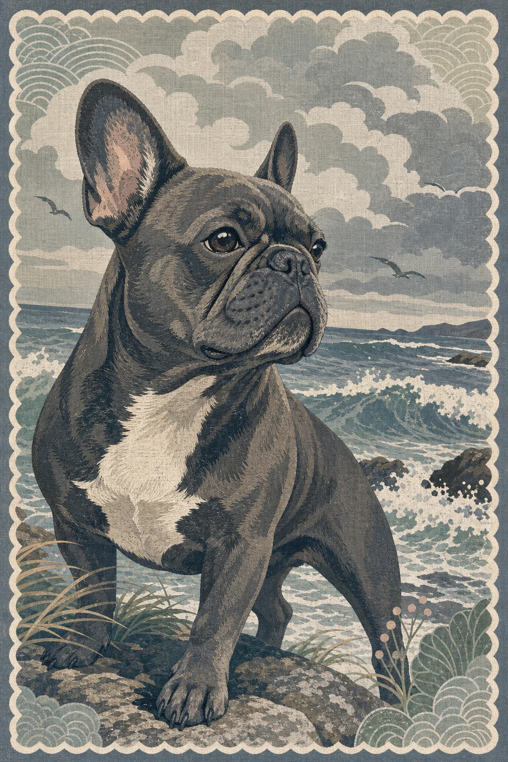 Gus the French Bulldog — Woodblock Flat Print pet portrait