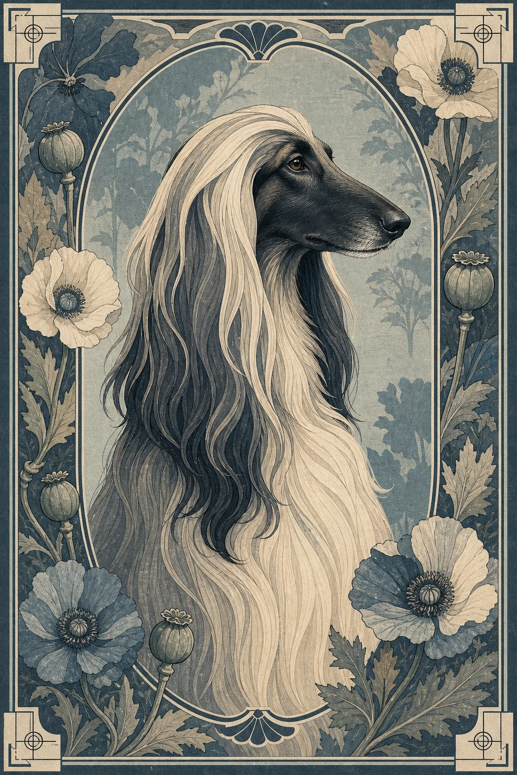Sable the Afghan Hound — Woodblock Flat Print pet portrait