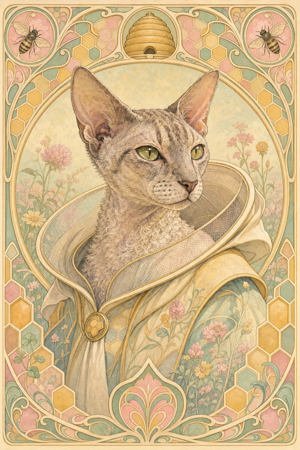 Mabel the Devon Rex — Art Nouveau Poster Lithograph pet portrait