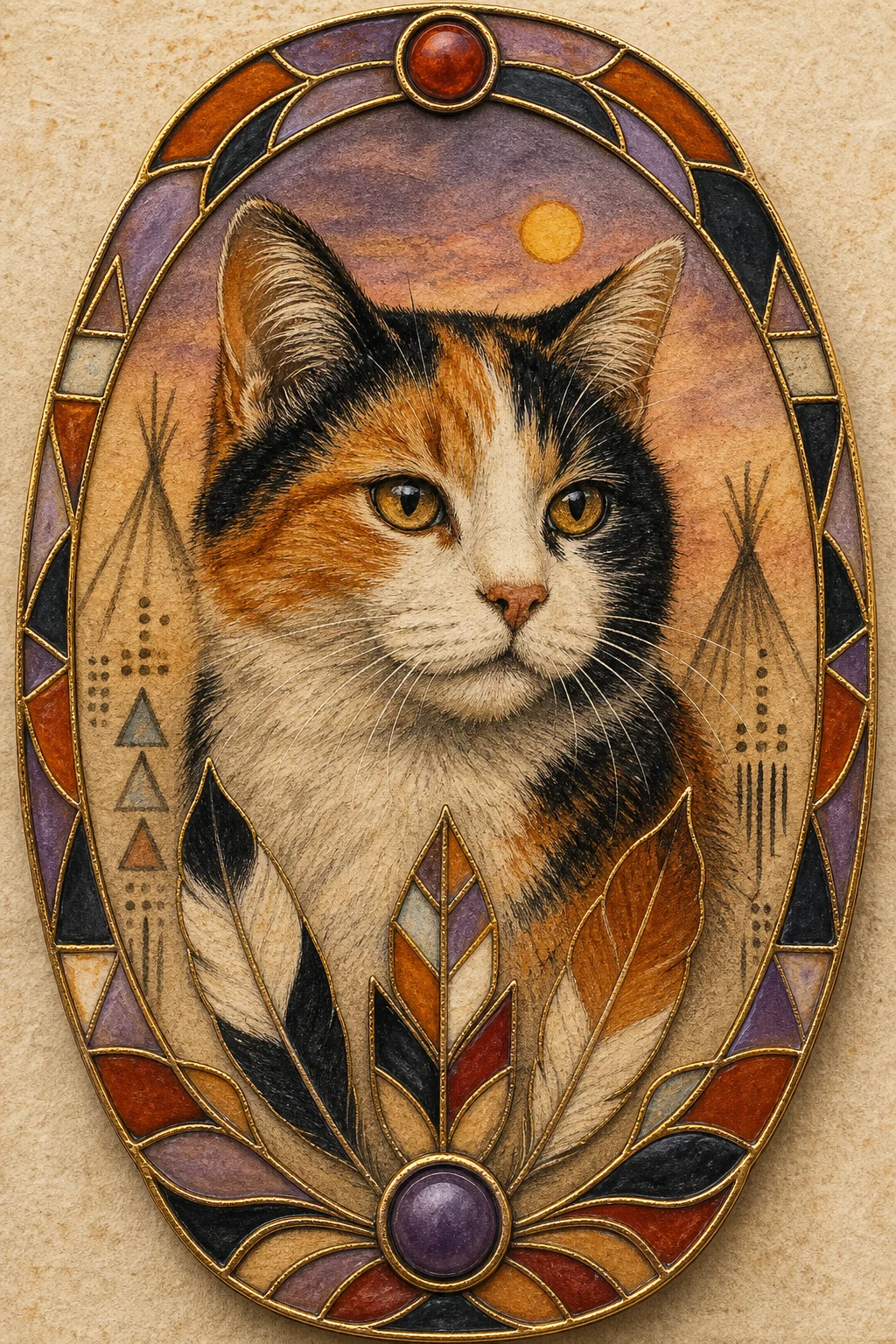 Mabel the Calico Cat — Canadian First Nations Ledger Art pet portrait