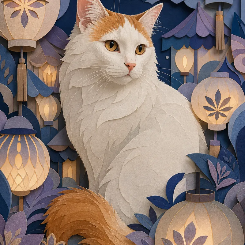 Turkish Van portrait — contemporary paper marquetry