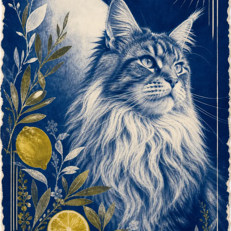 Maine Coon portrait — cyanotype botanical
