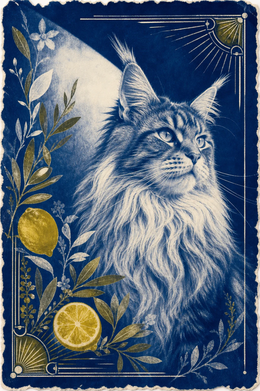 Magnus the Maine Coon — Cyanotype Botanical pet portrait