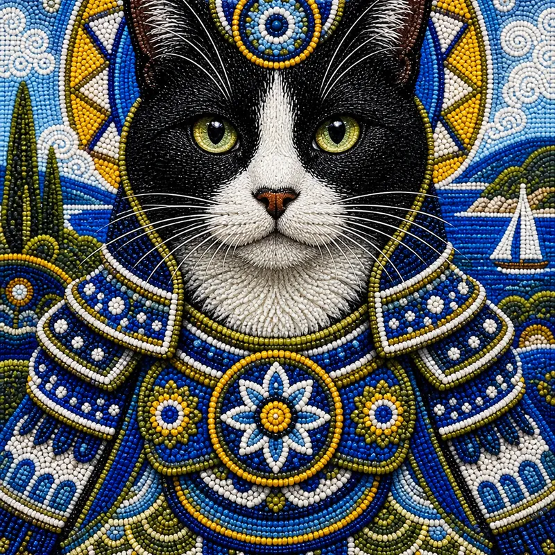 Tuxedo Cat portrait — huichol bead mosaic