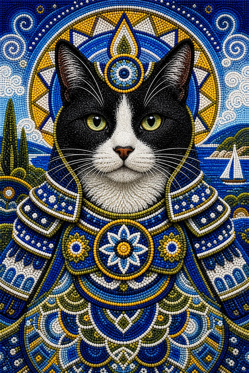 Suki the Tuxedo Cat — Huichol Bead Mosaic pet portrait