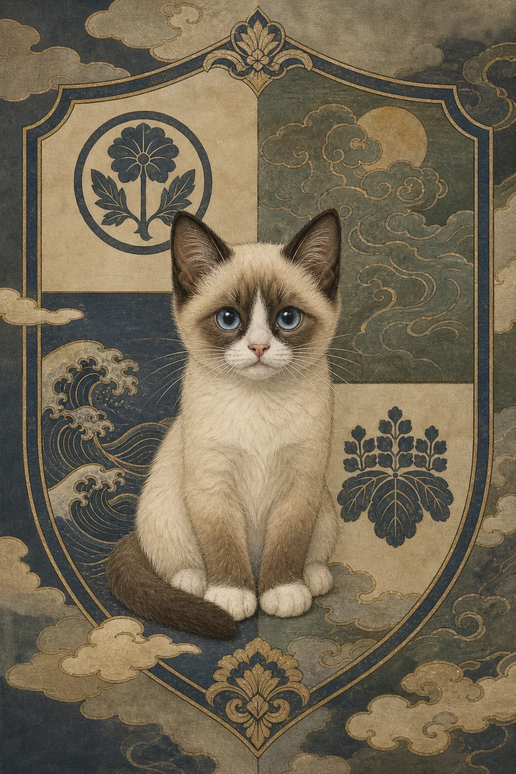 Pip the Snowshoe Cat — Japanese Yamato E pet portrait