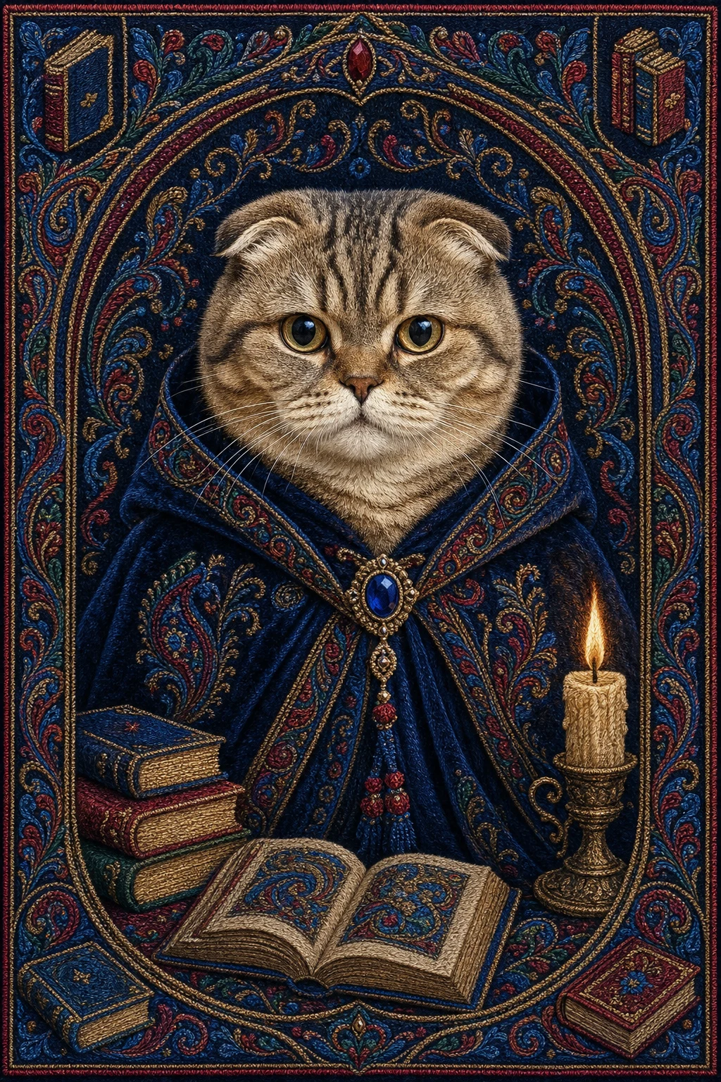 Thistle the Scottish Fold — Kashmir Pashmina Embroidery pet portrait