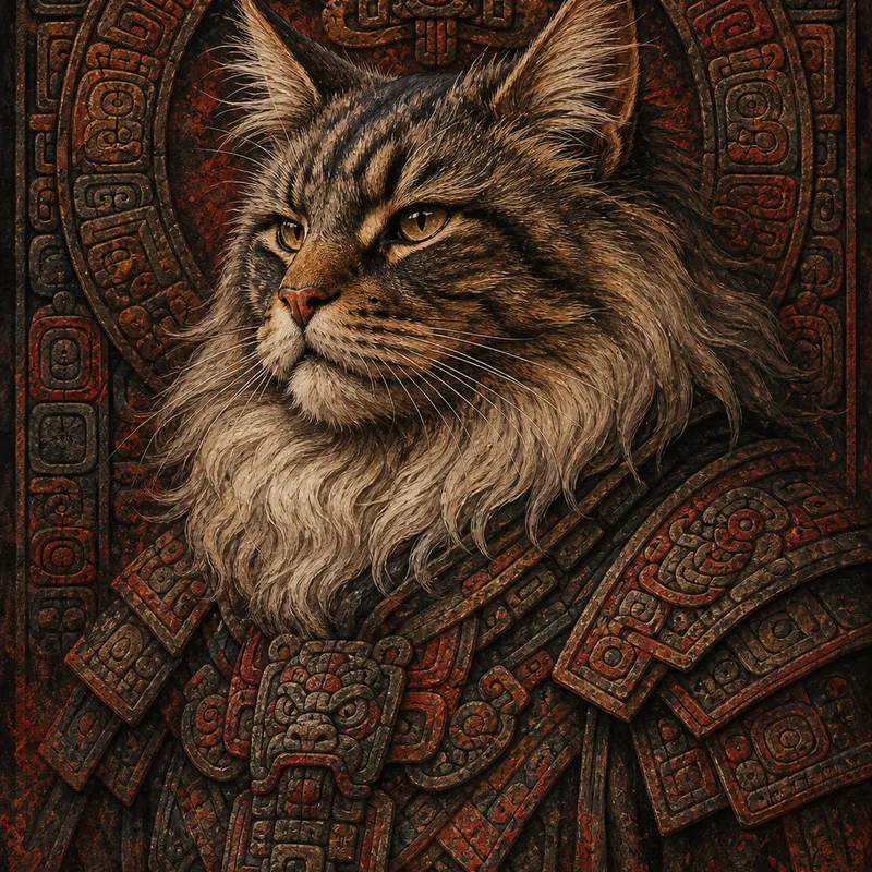 Norwegian Forest Cat portrait — mayan maya script panel