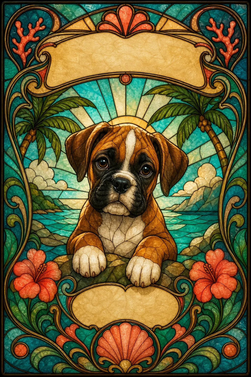 Rufus the Boxer — Art Nouveau Stained Glass pet portrait