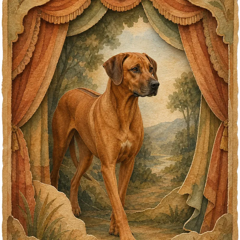 Rhodesian Ridgeback portrait — british watercolor landscape