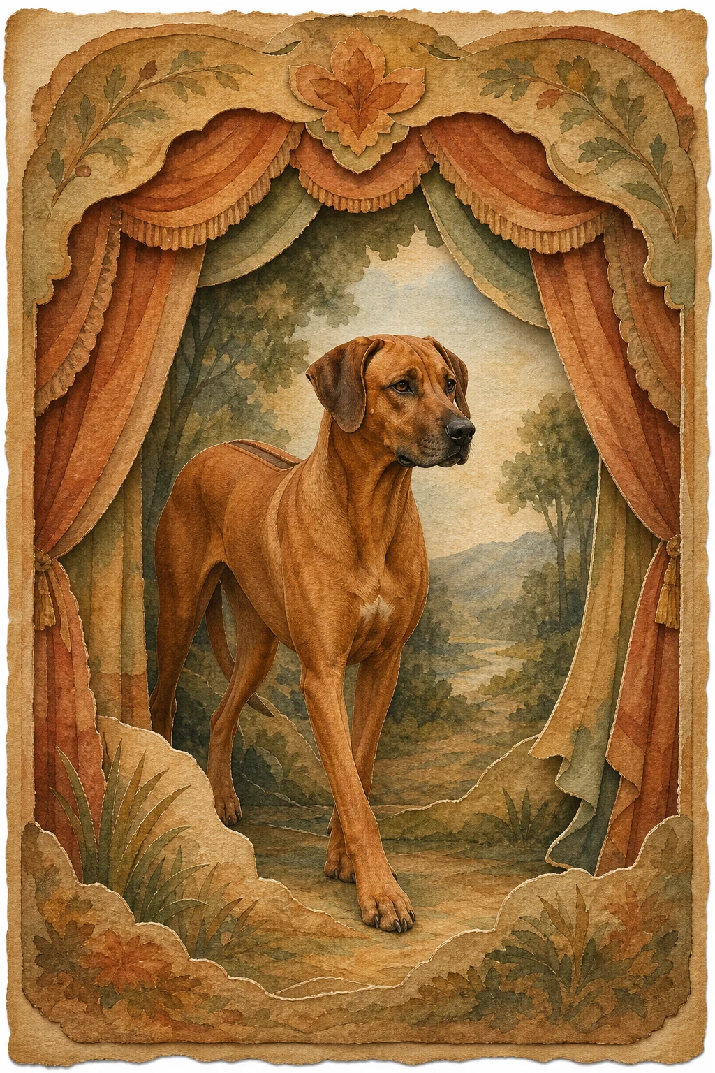 Kito the Rhodesian Ridgeback — British Watercolor Landscape pet portrait