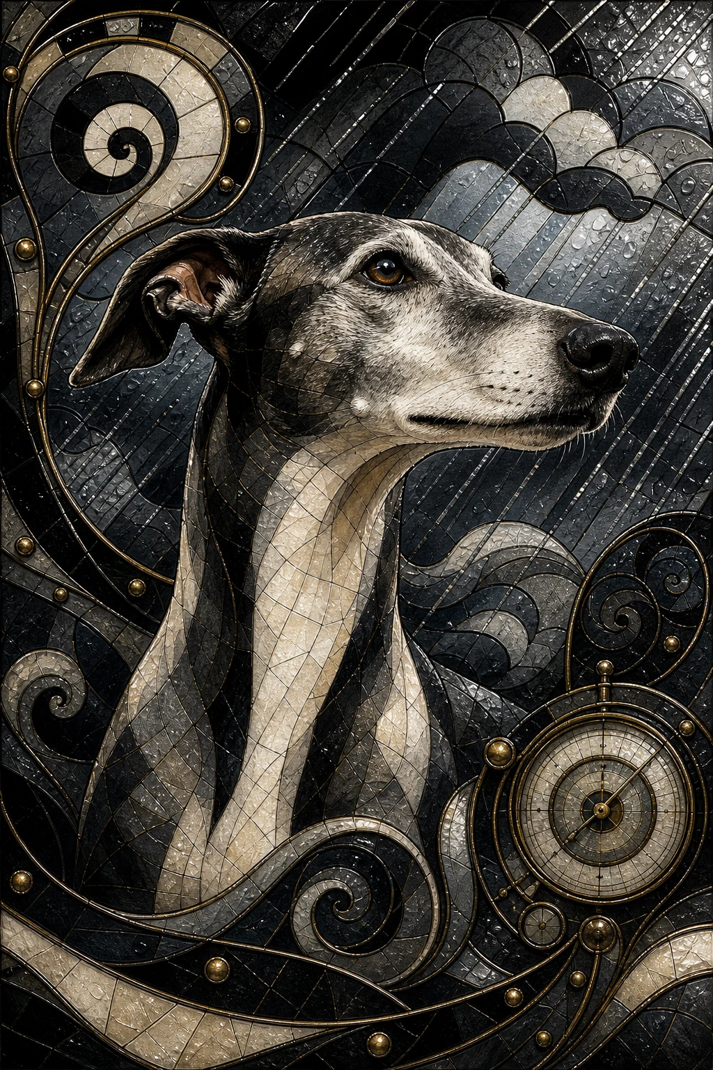 Mabel the Whippet — Catalan Modernisme Mosaic pet portrait