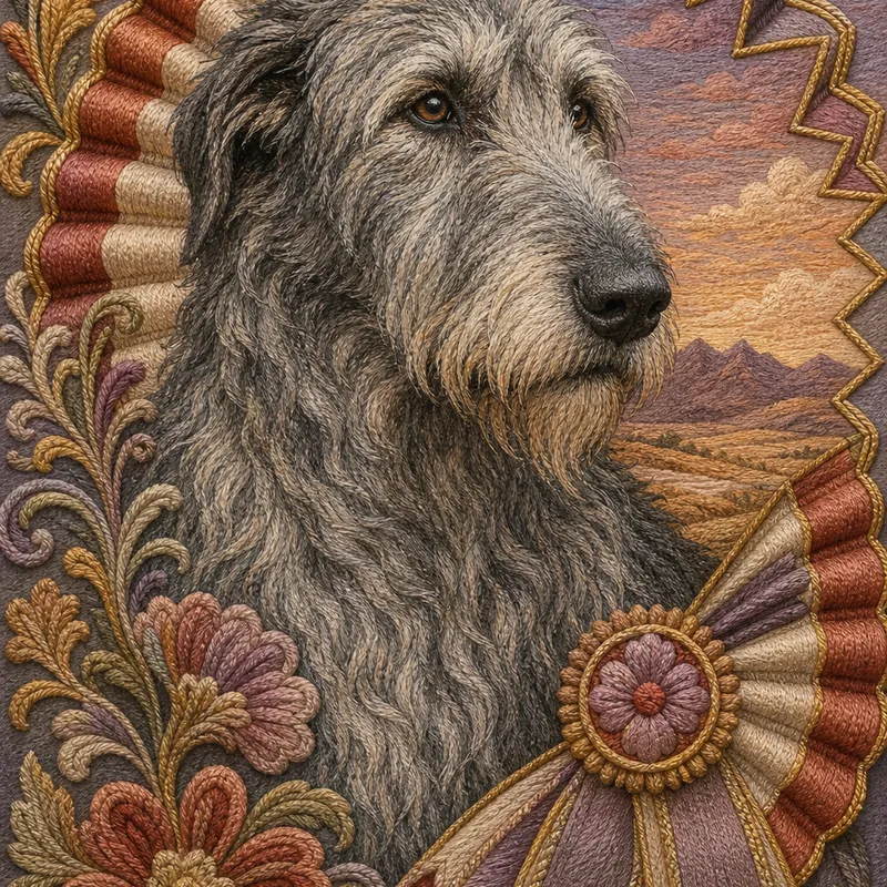 Irish Wolfhound portrait — crewel embroidery
