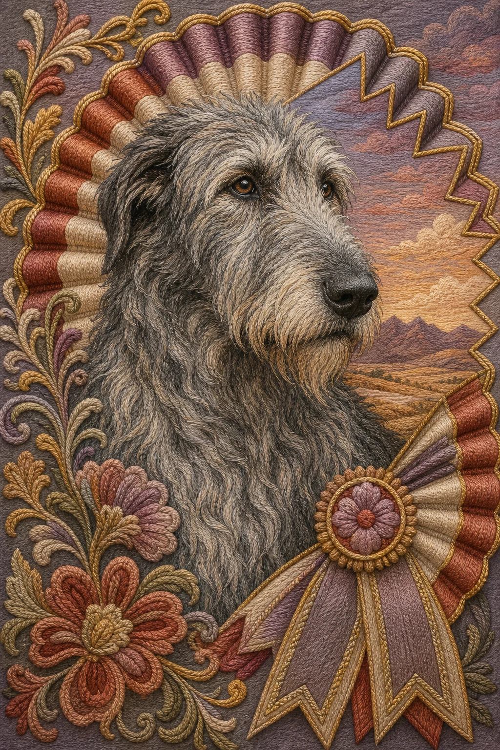 Finnegan the Irish Wolfhound — Crewel Embroidery pet portrait