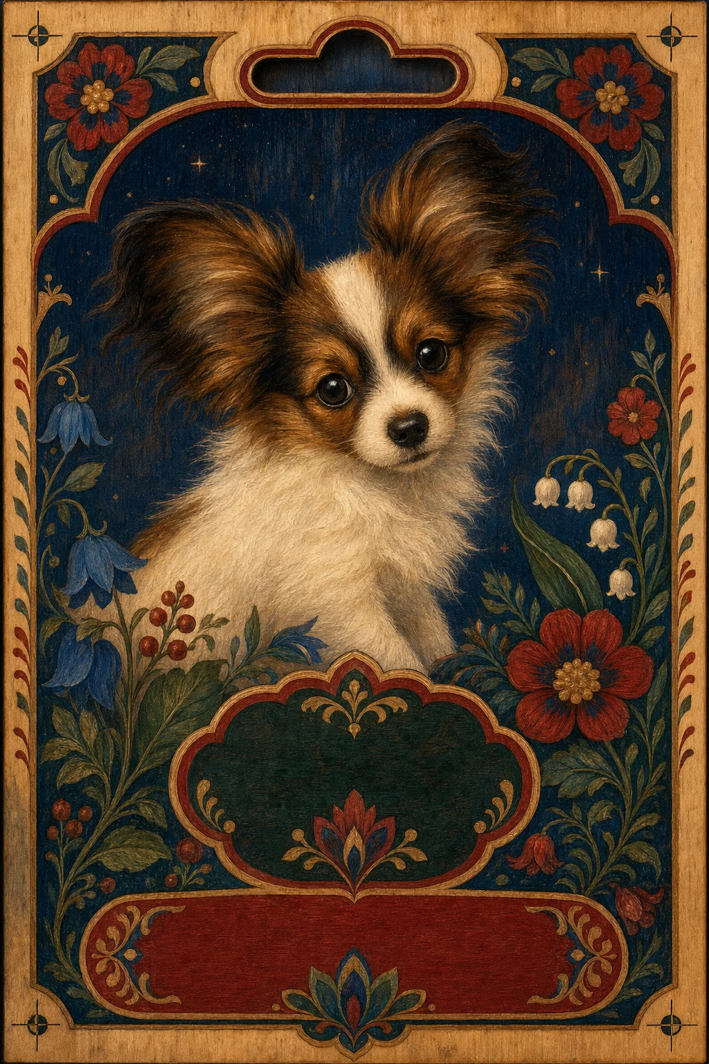 Remy the Papillon — Finnish Kalevala Wood Painting pet portrait