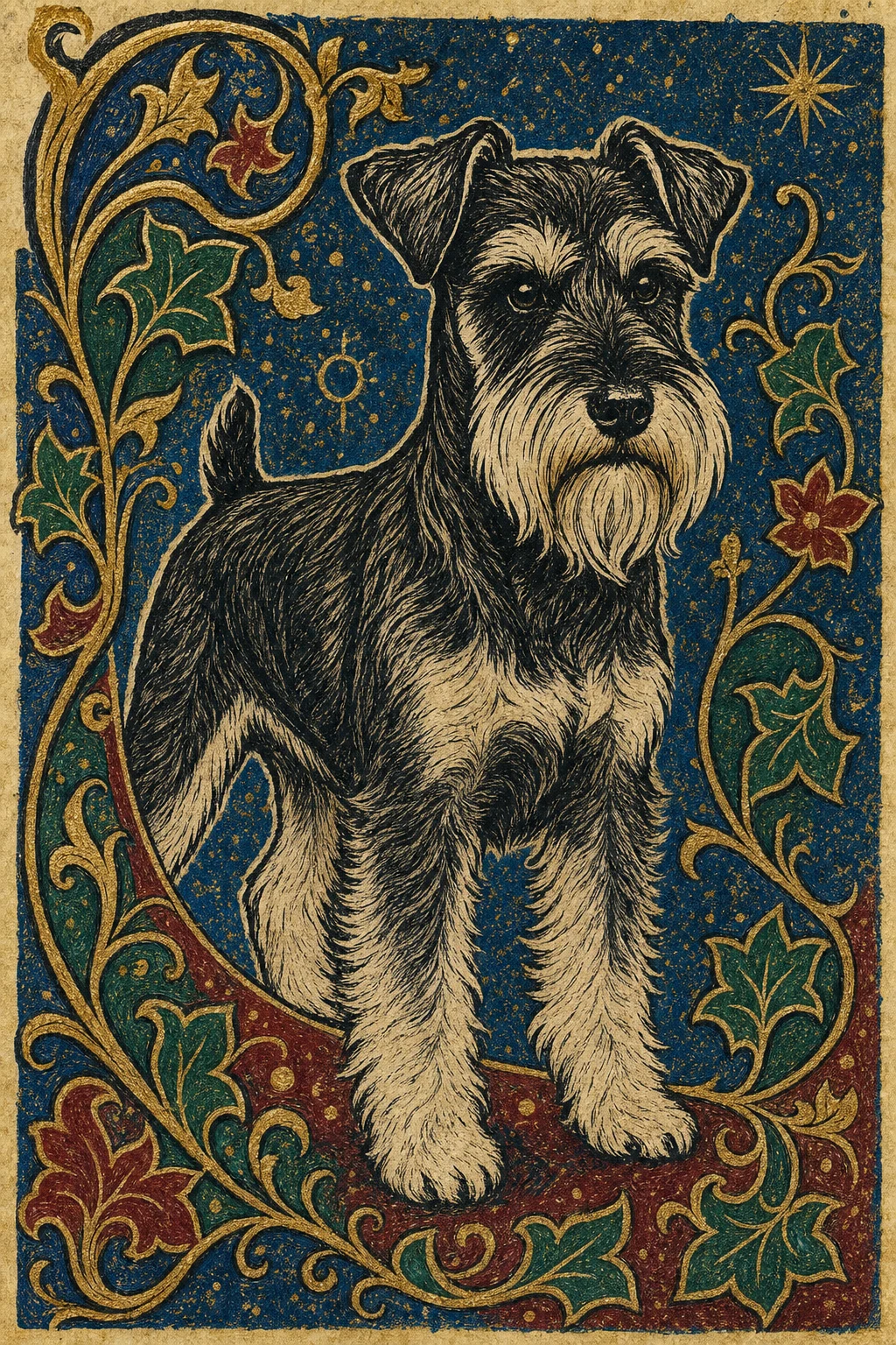 Otto the Miniature Schnauzer — Folk Linocut pet portrait
