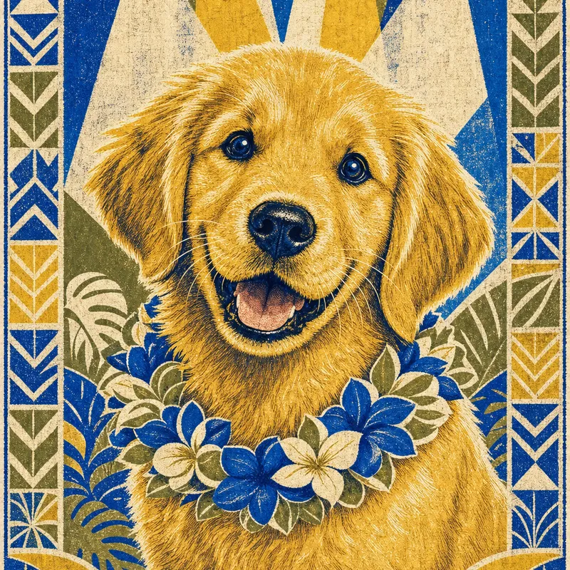 Golden Retriever portrait — hawaiian kapa