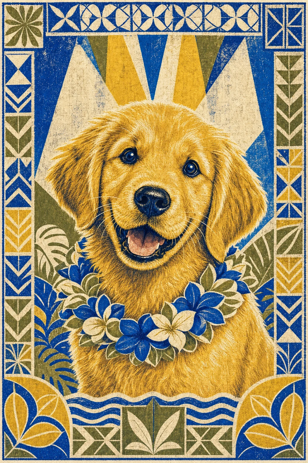 Sunny the Golden Retriever — Hawaiian Kapa pet portrait