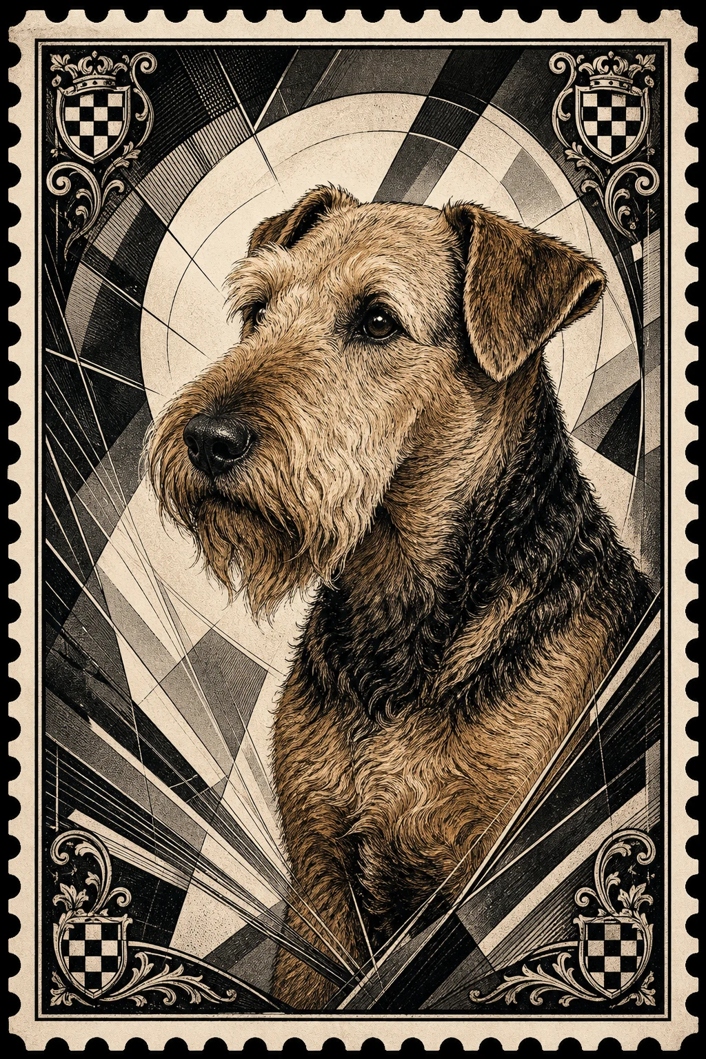 Percy the Airedale Terrier — Italian Futurist Ink Drawing pet portrait