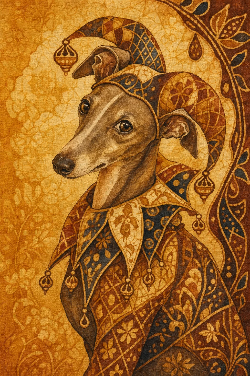 Pip the Italian Greyhound — Javanese Batik On Fabric pet portrait