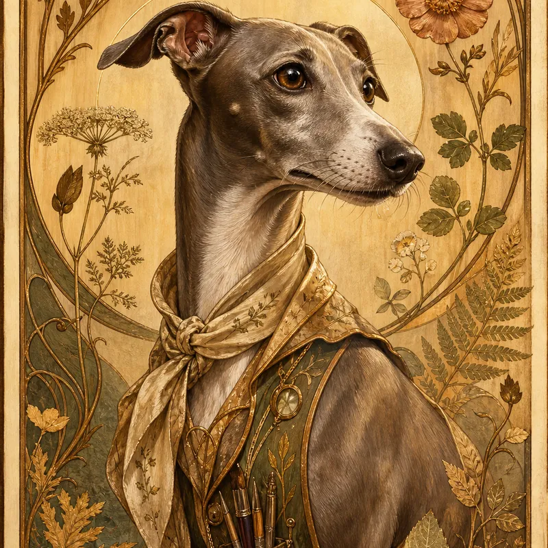 Italian Greyhound portrait — jugendstil decorative painting