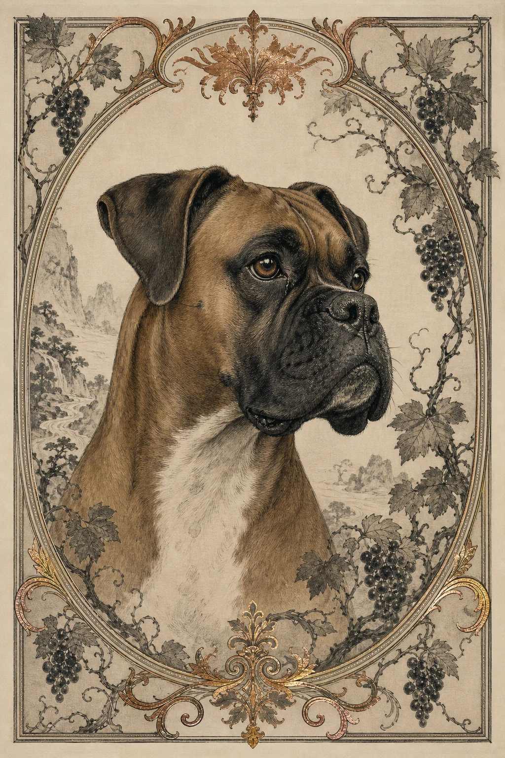 Bruno the Boxer — Korean Court Miniature On Silk pet portrait