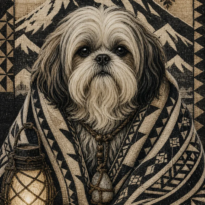 Shih Tzu portrait — polynesian tapa textile