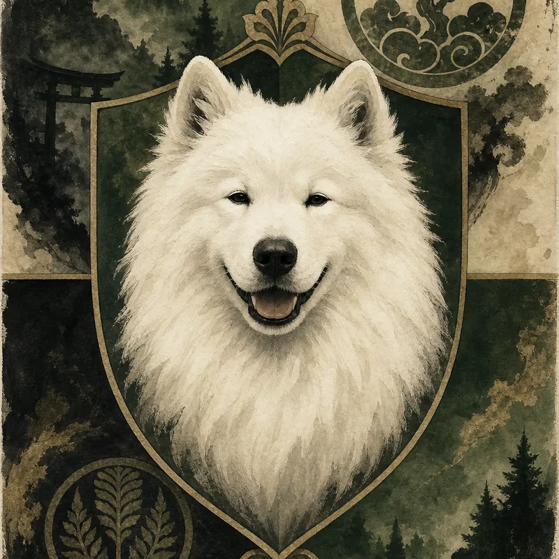 Samoyed portrait — shinto sacred scroll