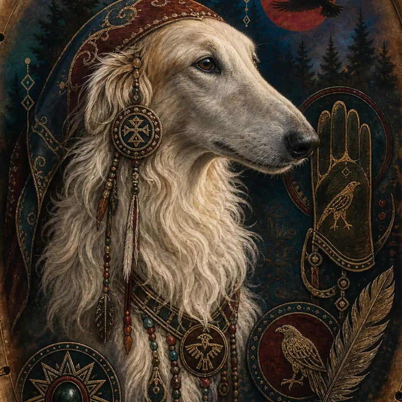 Borzoi portrait — siberian shamanic drum