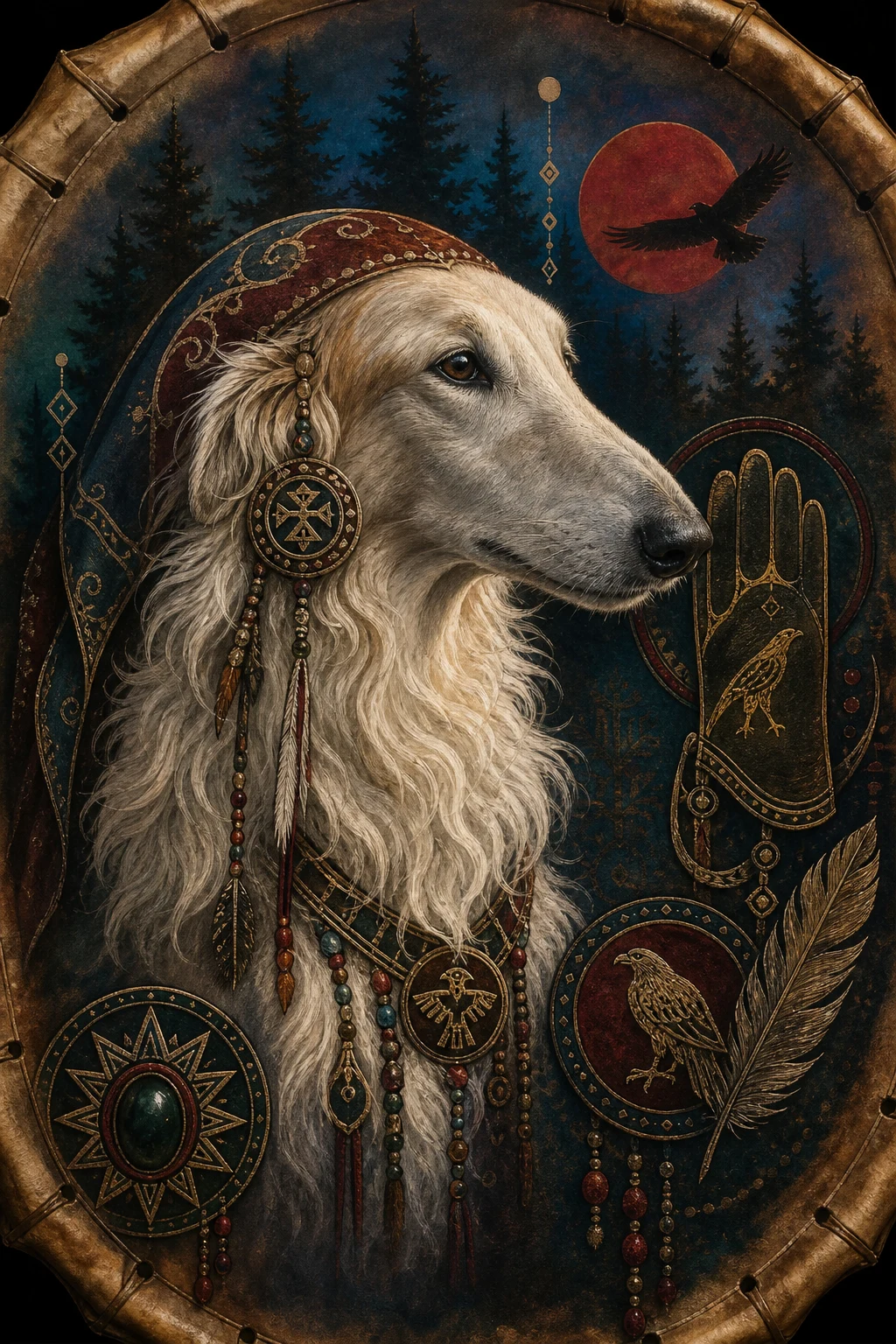 Nikolai the Borzoi — Siberian Shamanic Drum pet portrait