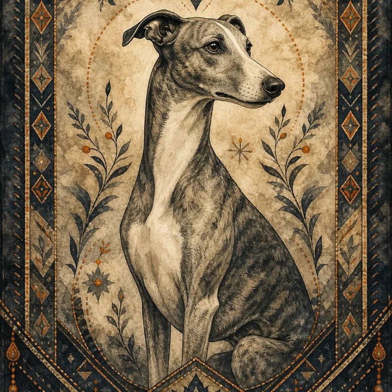 Whippet portrait — stained parchment drawing