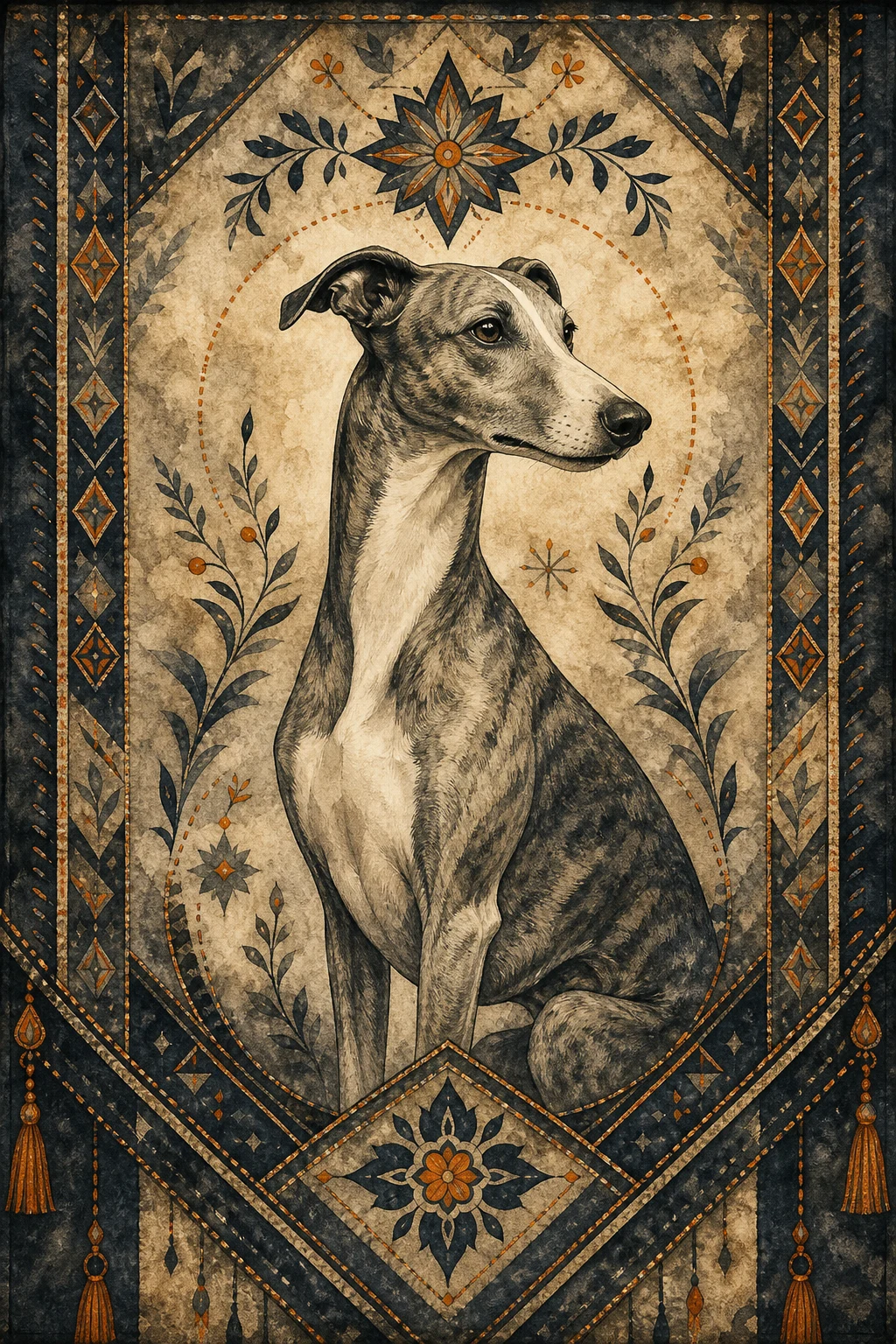 Pip the Whippet — Stained Parchment Drawing pet portrait