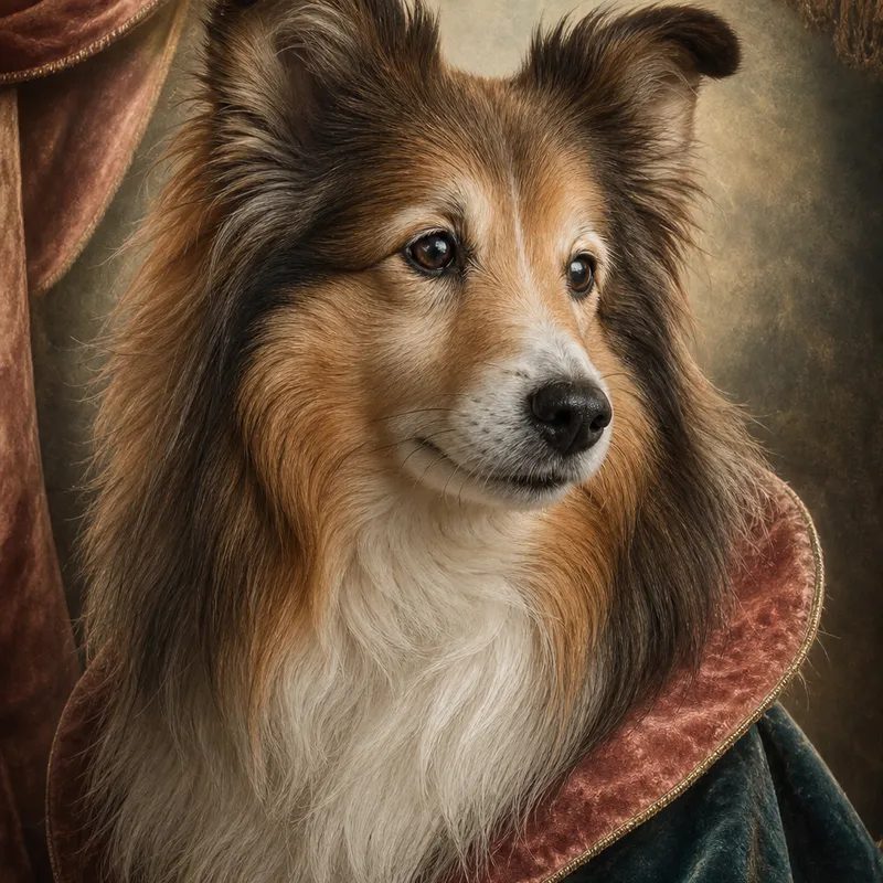 Sheltie portrait — studio canvas realism