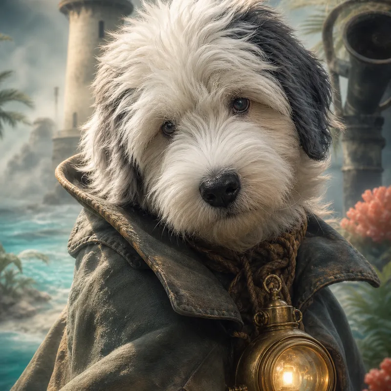 Old English Sheepdog portrait — studio canvas realism