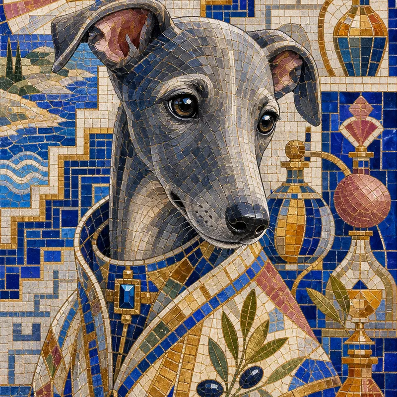 Greyhound portrait — sumerian ziggurat mosaic