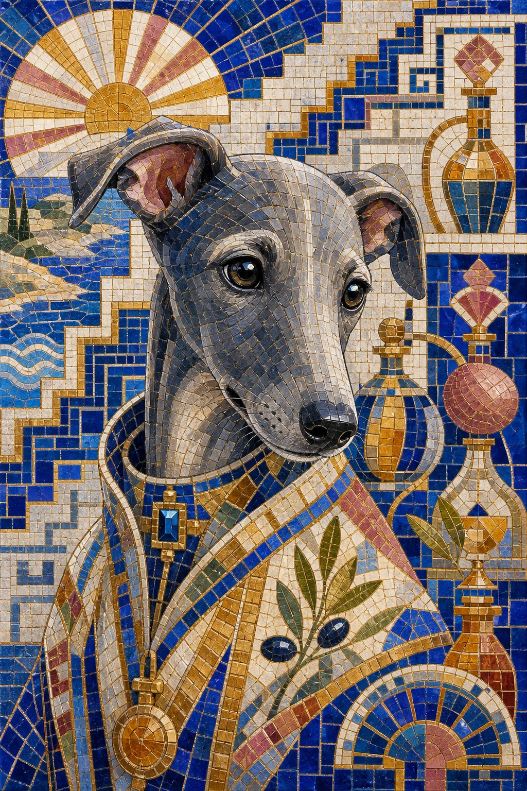 Luca the Greyhound — Sumerian Ziggurat Mosaic pet portrait
