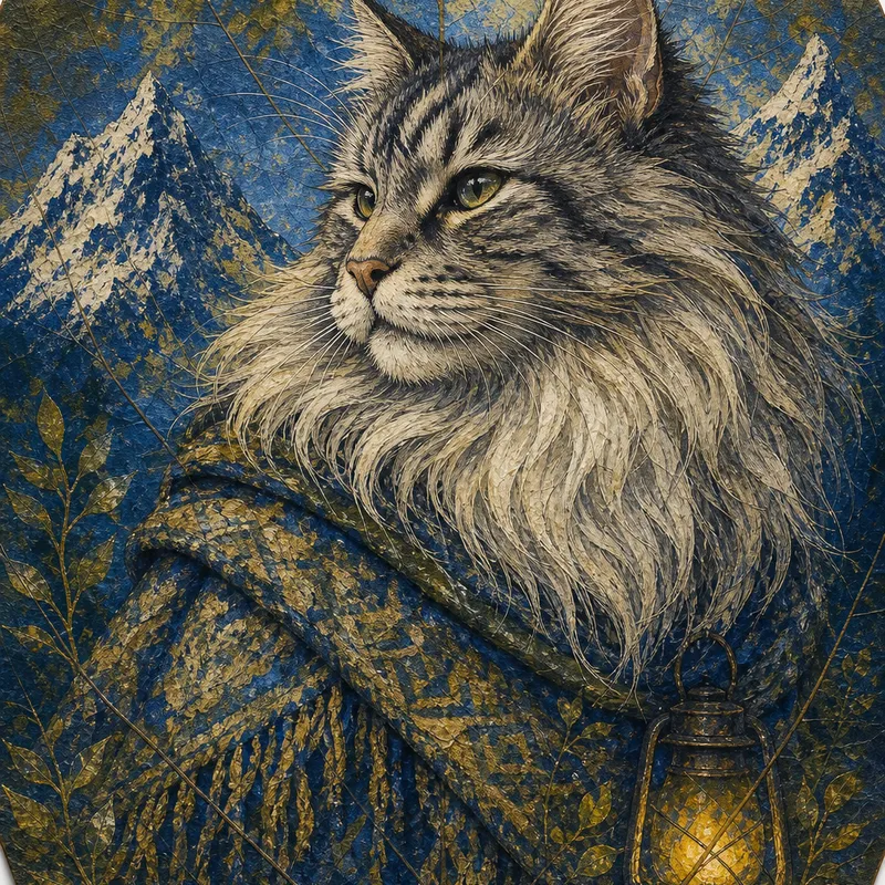 Norwegian Forest Cat portrait — amazonian borneo leaf painting