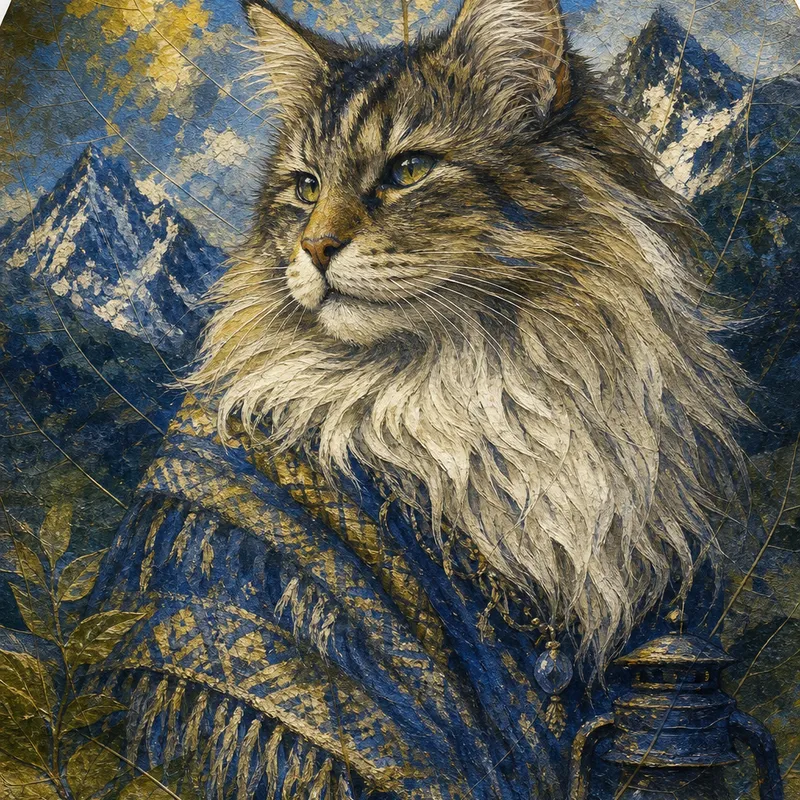 Norwegian Forest Cat portrait — amazonian borneo leaf painting