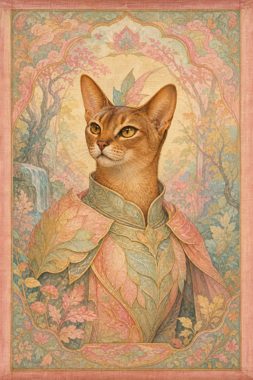 Saffron the Abyssinian — Chinese Tang Dynasty Silk Painting pet portrait
