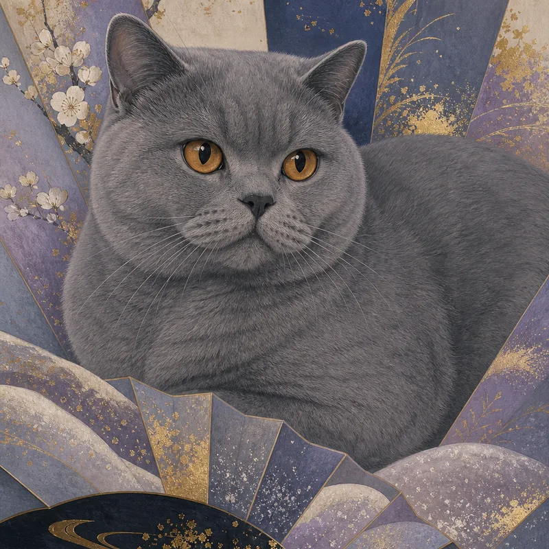 British Shorthair portrait — japanese rinpa