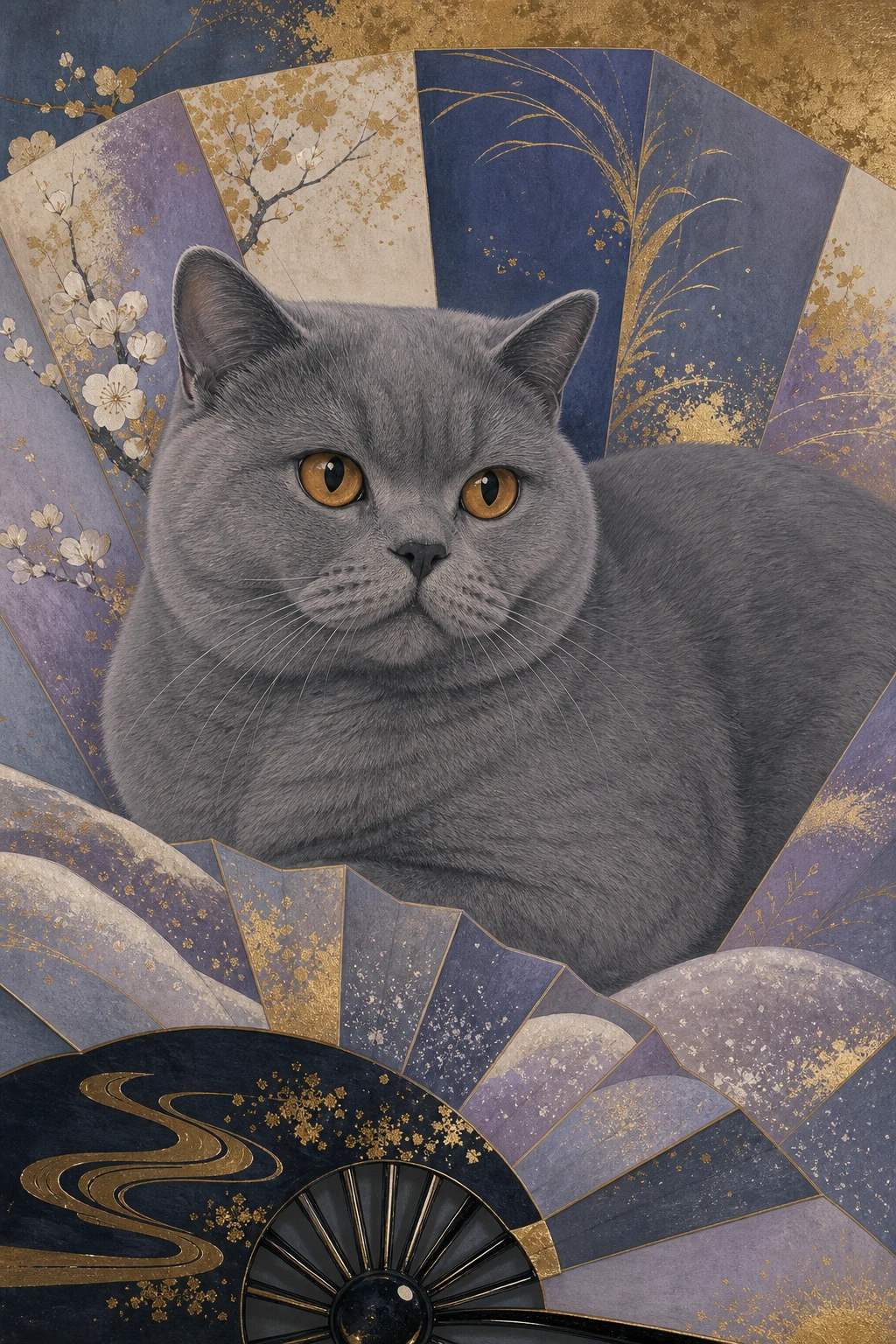 Percy the British Shorthair — Japanese Rinpa pet portrait