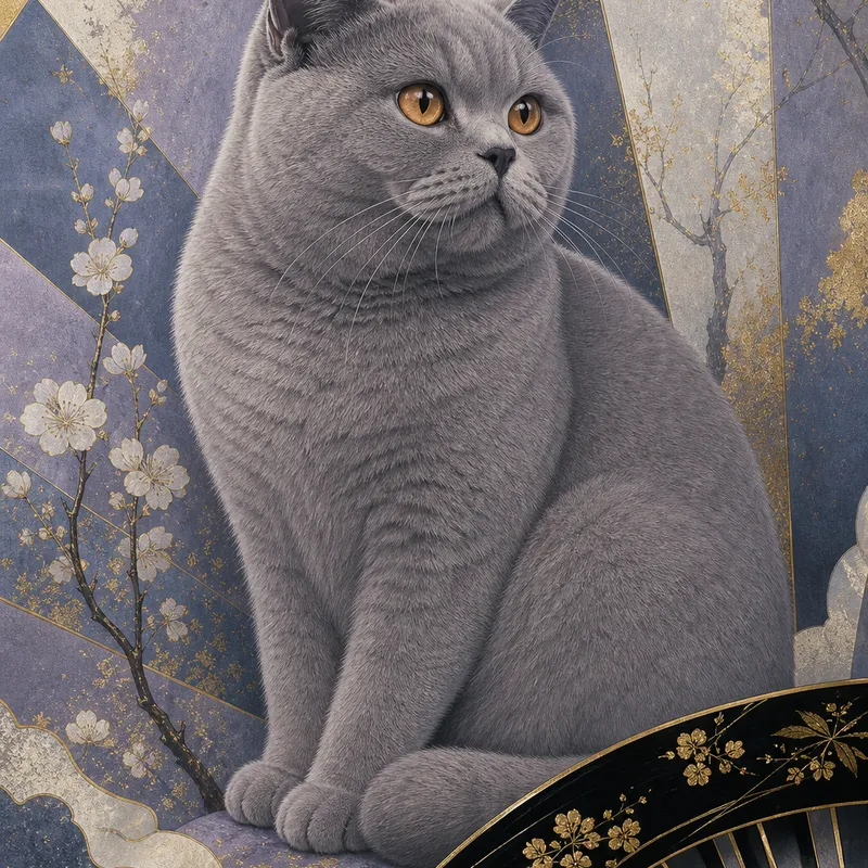 British Shorthair portrait — japanese rinpa