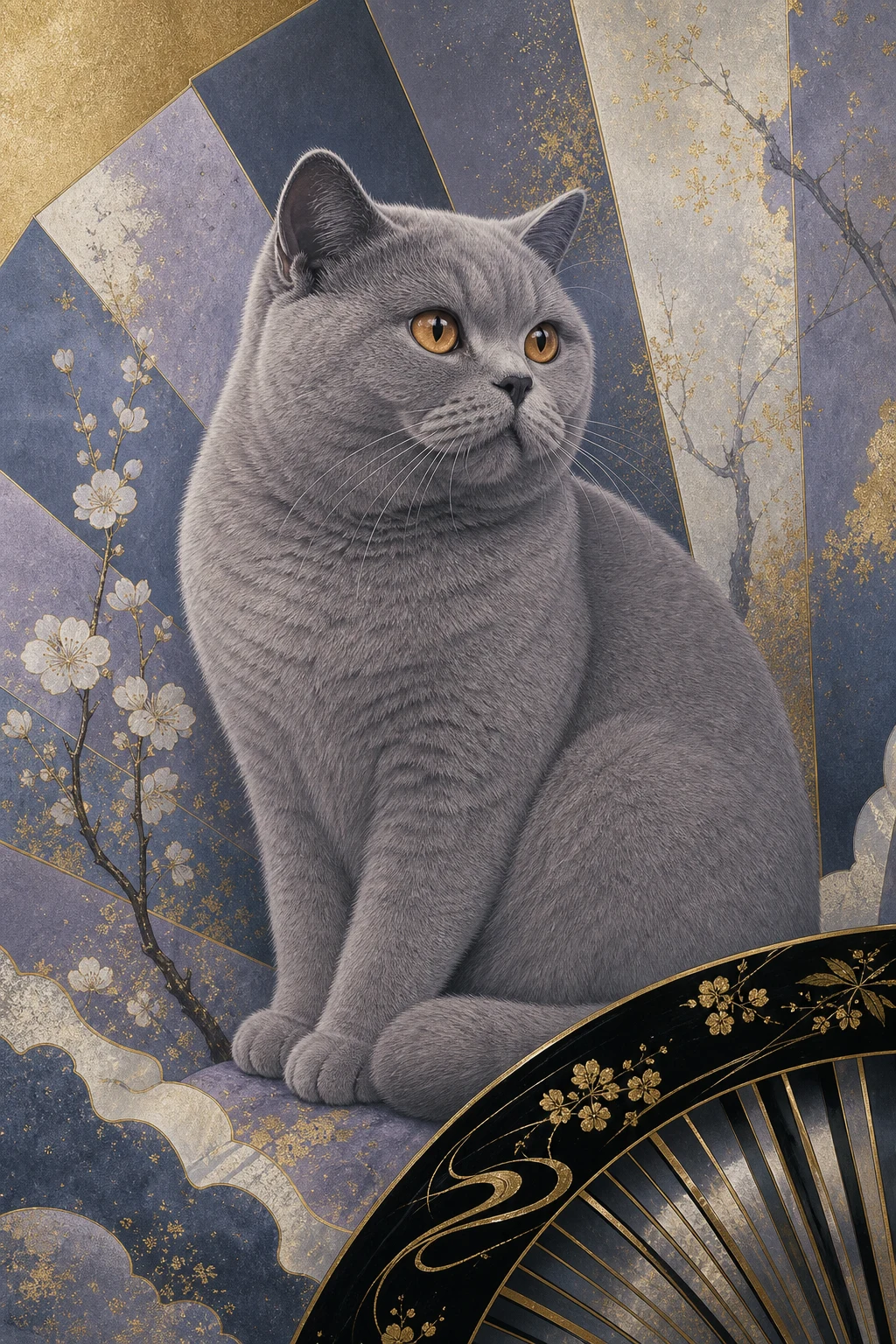 Mabel the British Shorthair — Japanese Rinpa pet portrait