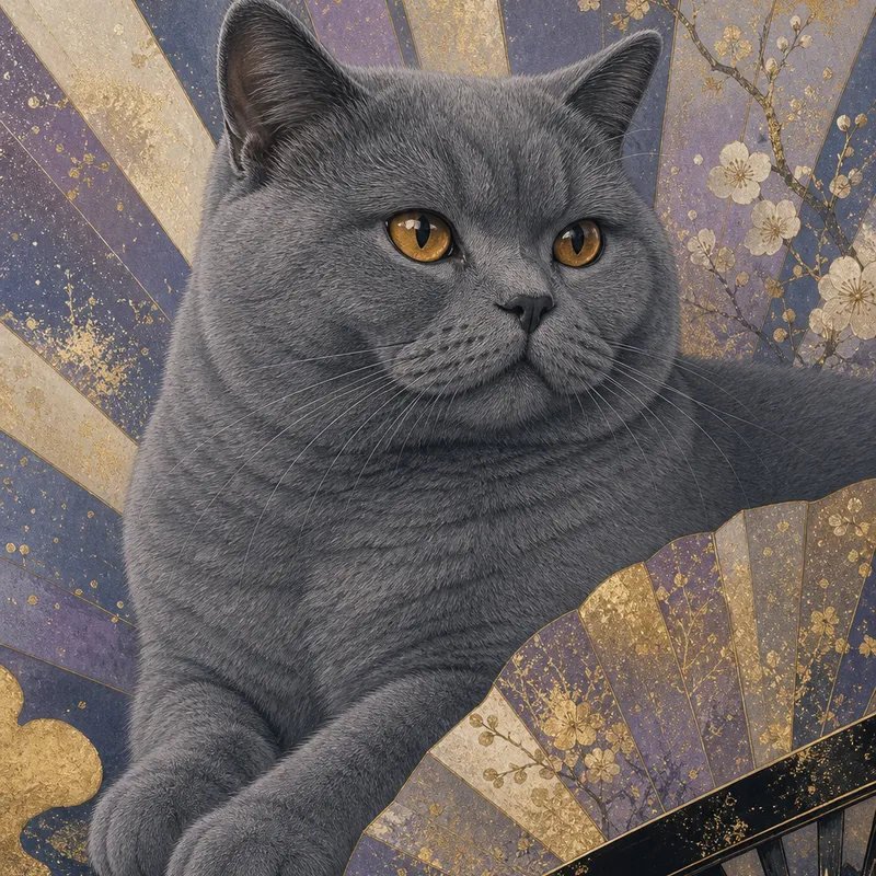 British Shorthair portrait — japanese rinpa