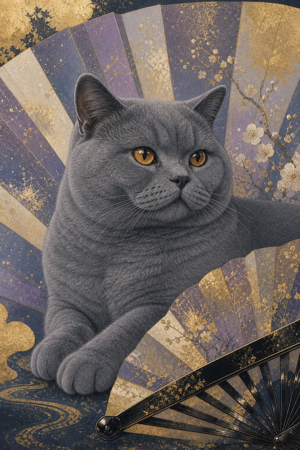 Lottie the British Shorthair — Japanese Rinpa pet portrait