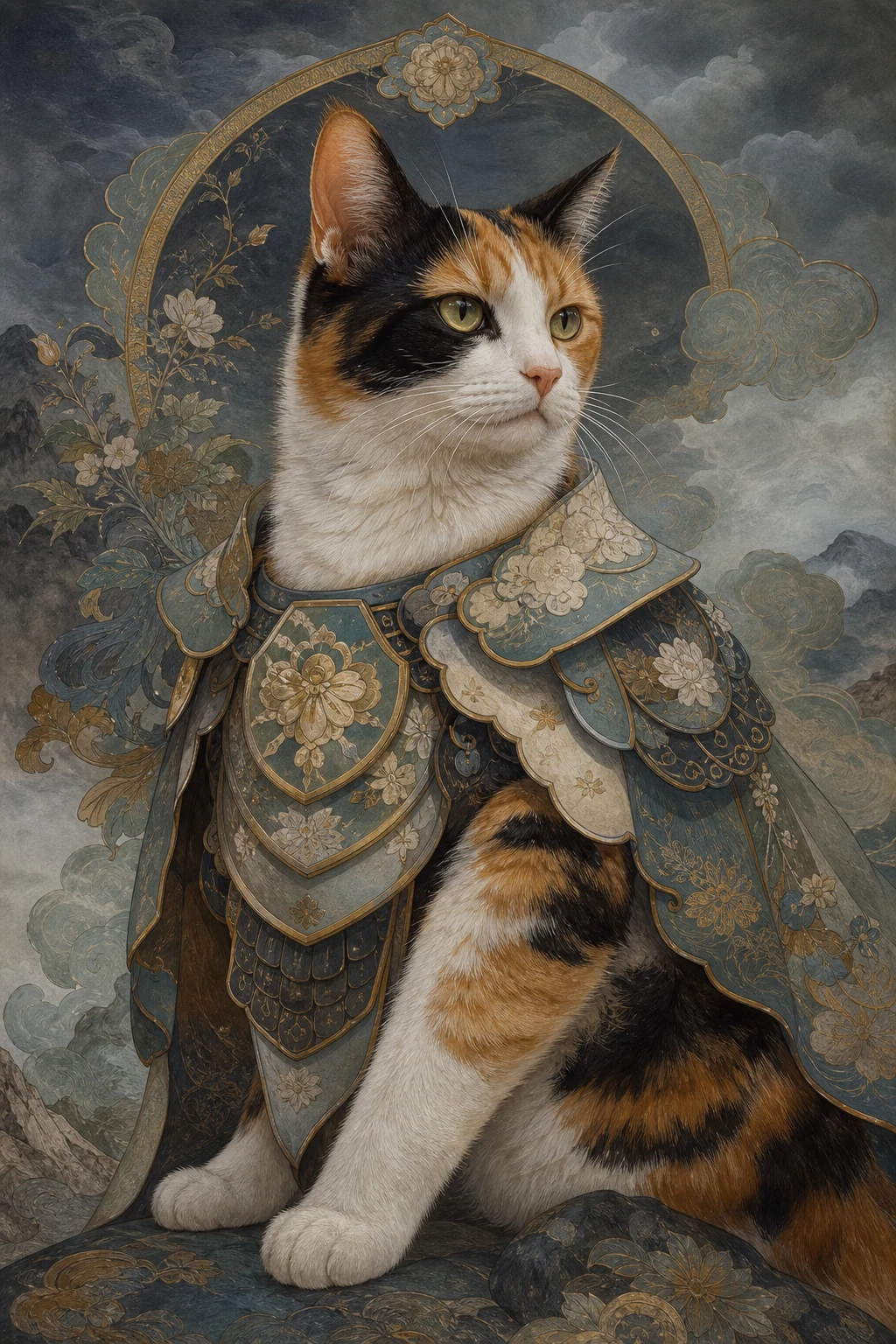 Kiko the Calico Cat — Mughal Miniature pet portrait