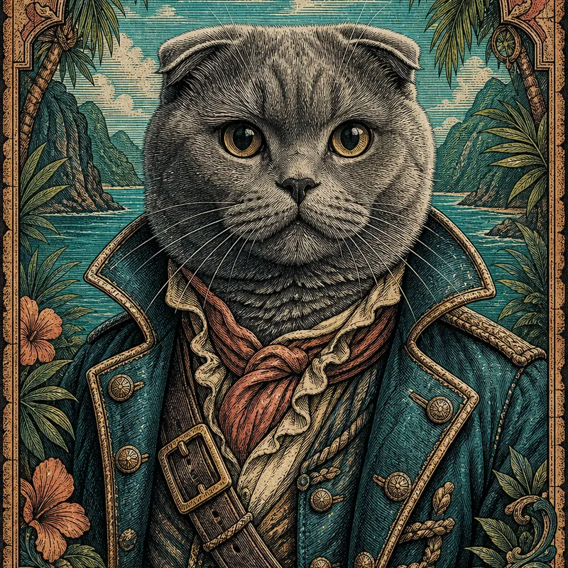 Scottish Fold portrait — wood engraving