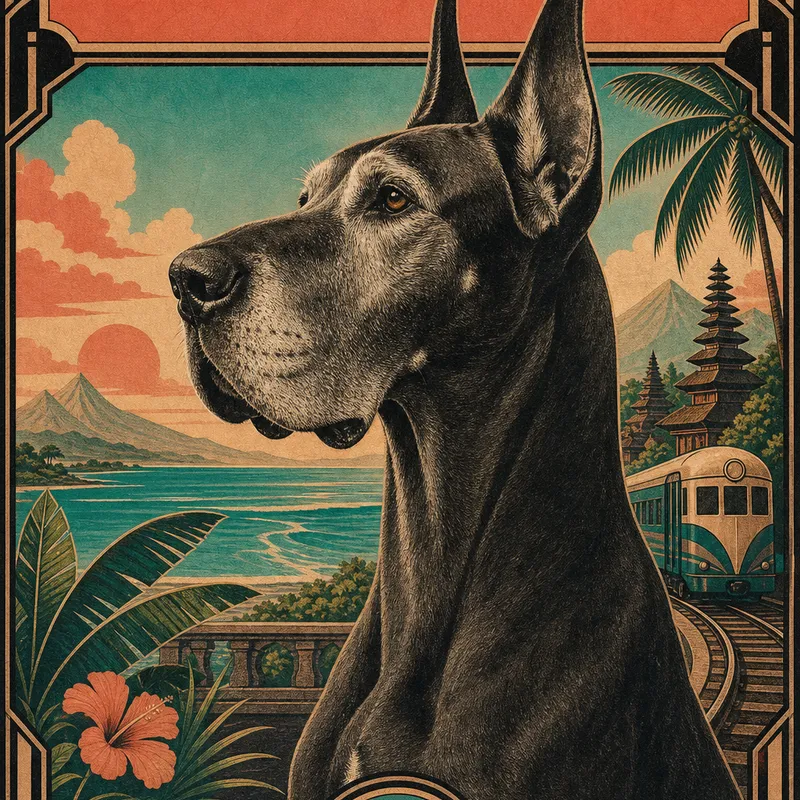 Great Dane portrait — balinese wayang kulit painting