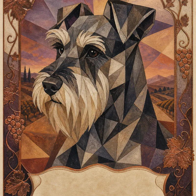 Miniature Schnauzer portrait — cubist oil